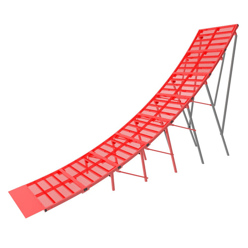 A red and black motocross jump ramp with a metallic frame, designed for use with bicycles or motorcycles.