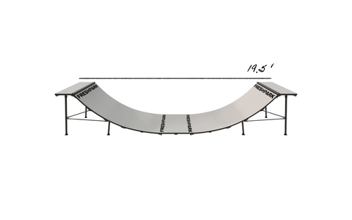 A diagram of a 4 ft high, 4 ft wide mini ramp half-pipe 19.5ft long designed for skateboarding and other tricks.