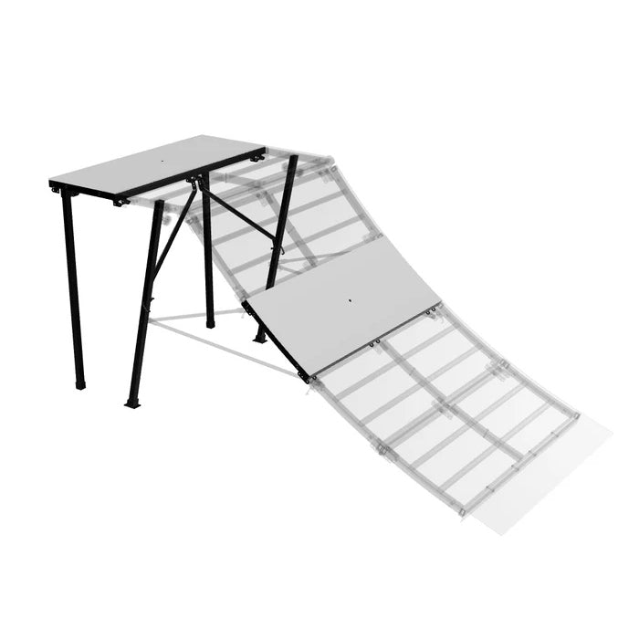 A 4x4 Quarterpipe extension kit consisting of a curved panel, a flat panel, four extended legs, and two support bars, all in gray color, designed for skateboarding.