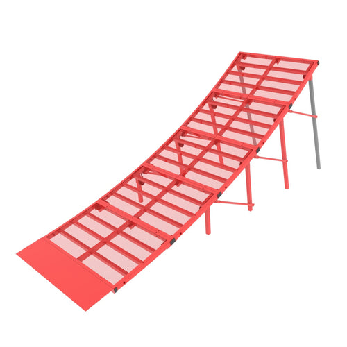 A red steel motocross jump ramp with a grated surface, designed for use with motorcycles or bicycles.