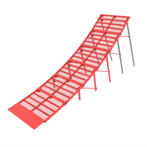 A red steel motocross jump ramp with a metallic grid surface, designed for use with bicycles or motorcycles.