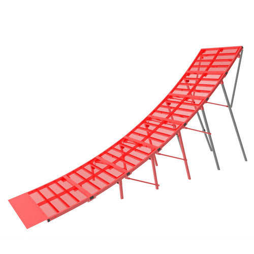 A red steel motocross jump ramp with a grated surface, designed for use with motorcycles or bicycles.