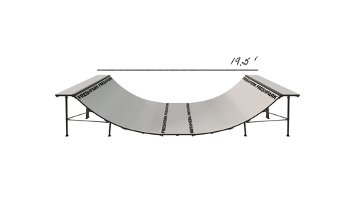 A diagram of a 4 ft high, 8 ft wide mini ramp half-pipe 19.5ft long designed for skateboarding and other tricks.