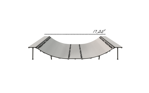 A 3 foot high, 8 foot wide mini ramp half-pipe made of seamless panels on a white background.