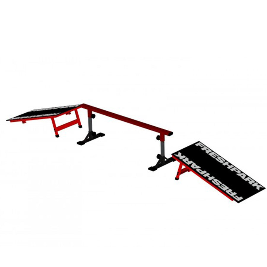Skateboard park setup with ramps and a rail on a white background