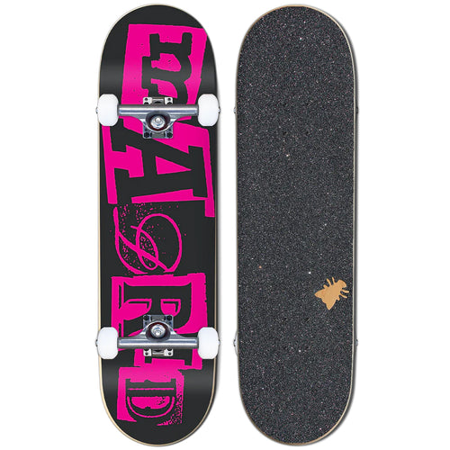 A complete skateboard featuring colorful artwork with Madrid written in pink