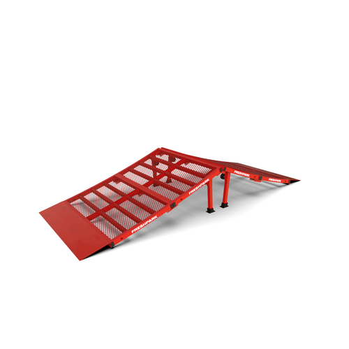 Two red dirt bike jump ramps facing each other on a white background