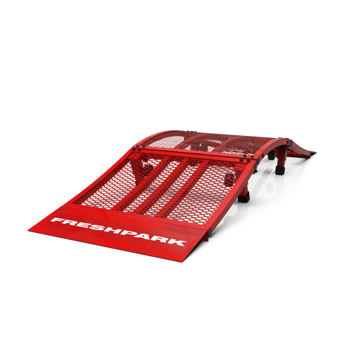 A red BMX mini pump track with the brand name 'FRESHPARK' visible on the surface. The track is designed for BMX biking and has a foldable and portable structure.