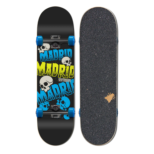 A complete skateboard featuring colorful artwork with Madrid written and images of skulls