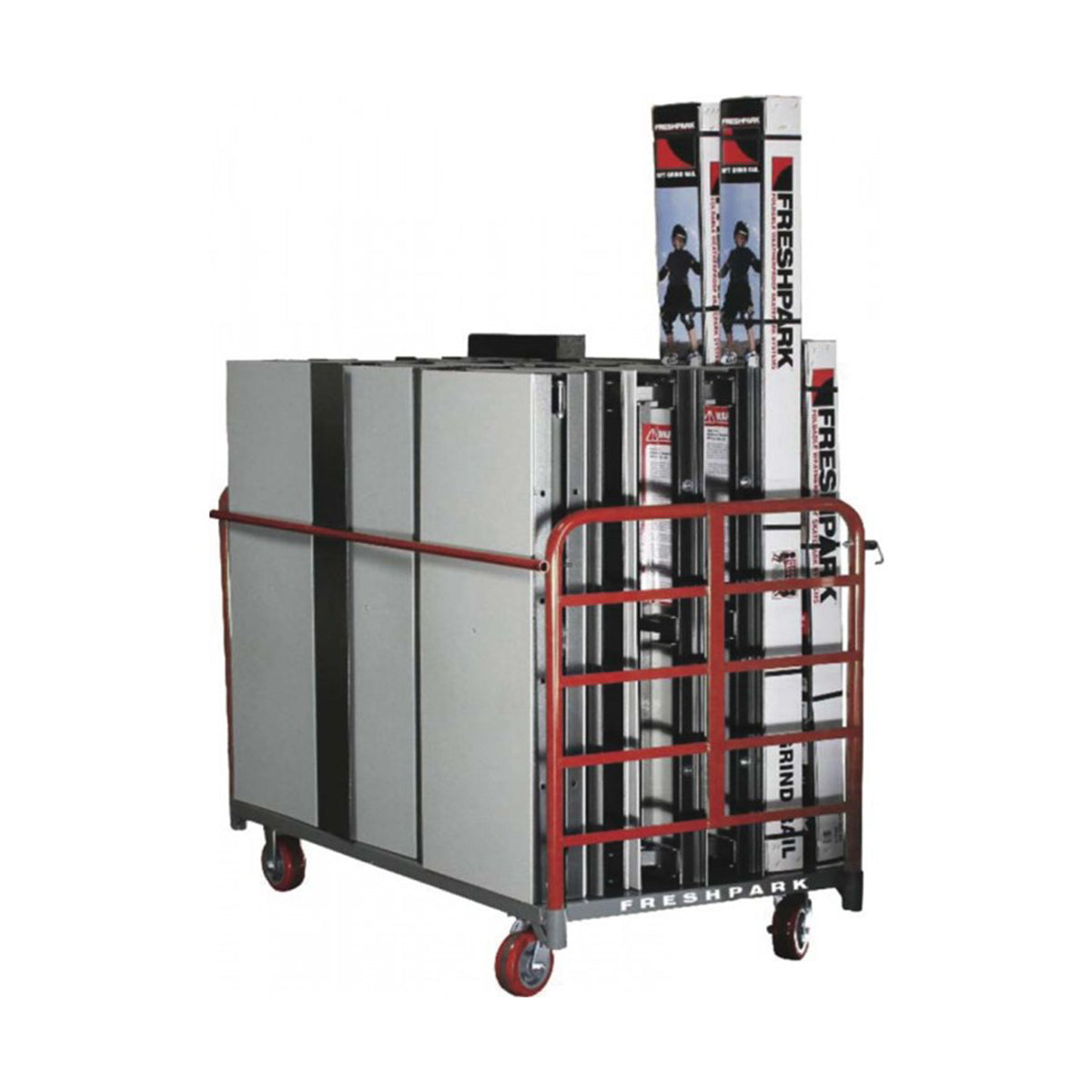 Cart with stacked boxes labeled 'Freshpark' on a white background