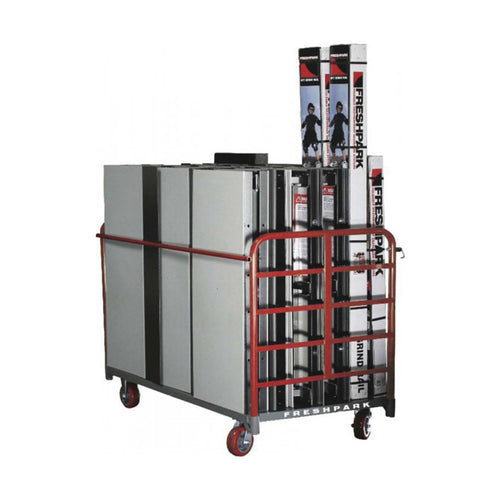 Cart with stacked boxes labeled 'Freshpark' on a white background