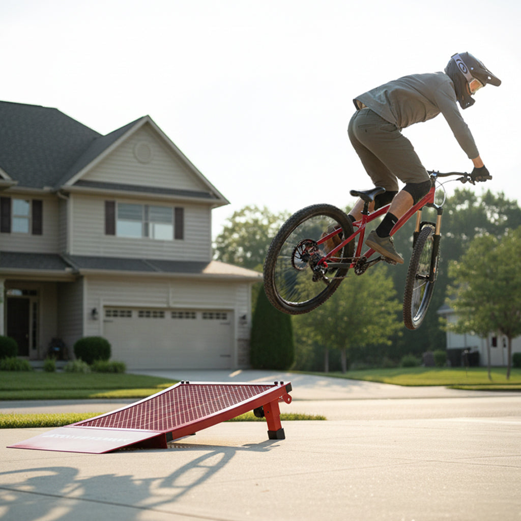 Person riding a bicycle off a ramp in a residential area