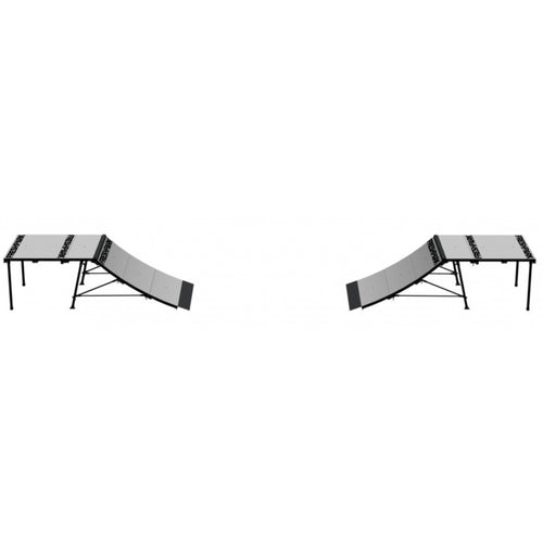 Two quarter pipes with extended standing panels with a black frame and gray cushion on a white background