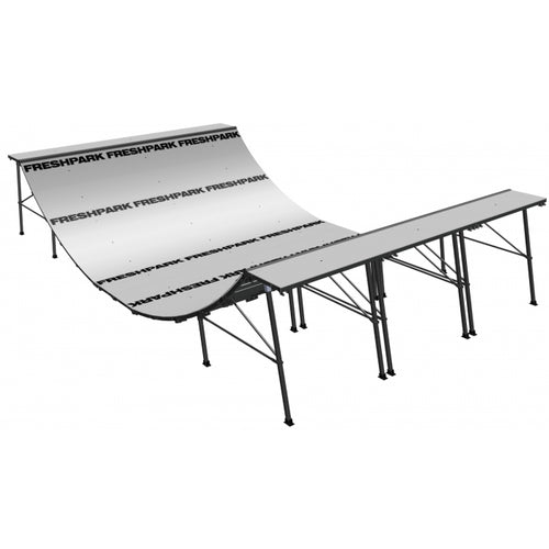 Skateboard half pipe with 'Freshpark' branding on a white background