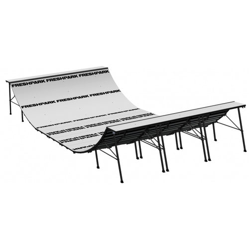 Skateboard half pipe with 'Freshpark' branding on a white background