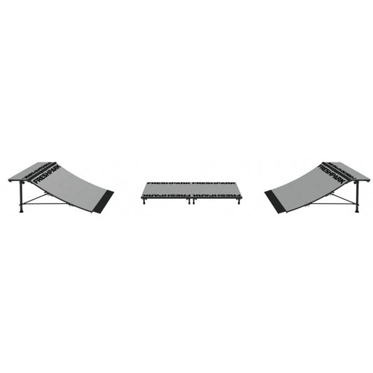 Two quarter pipes with a black frame and gray cushion and funboxes on a white background