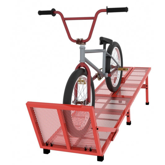 Red bike ramp with a bicycle on a white background