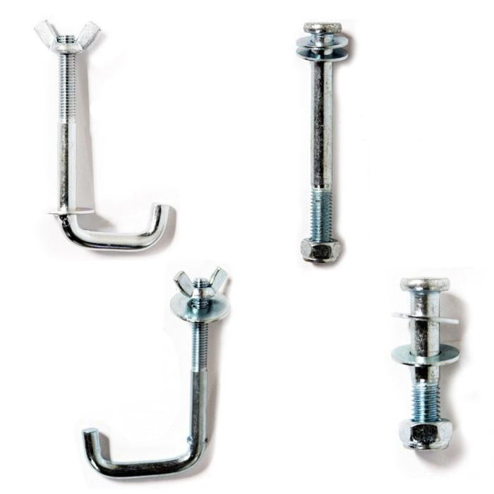 A collection of metal bolts and screws, some with wing nuts, displayed on a white background