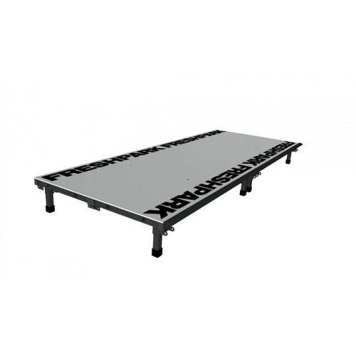 A gray skate ramp called 'Fun Box/Manual Pad' with black branding text on top, designed for skateboarding.