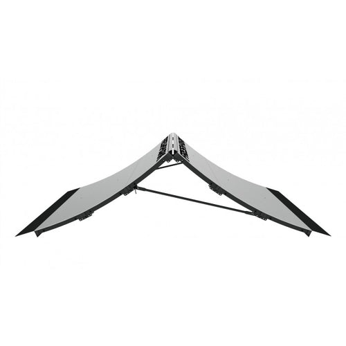 A black and gray skate ramp combo set, featuring two quarter pipes connected by a spine tube, designed for skateboarding.
