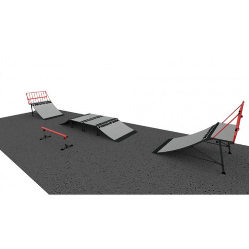 A digital rendering of a mobile skate park set up on a gray surface, featuring various skate ramps and rails.