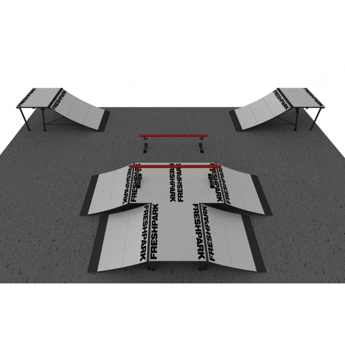 Skatepark layout featuring a quarterpipe, fun box, launch ramp, grind rail, and extension legs on a grey surface.