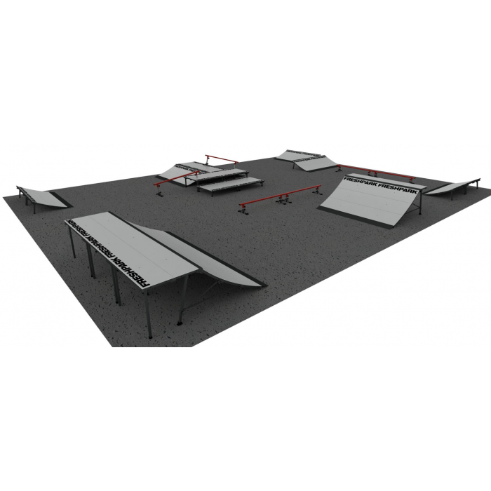 A 3D rendering of a skatepark layout featuring various skate park elements such as ramps, rails, and boxes.