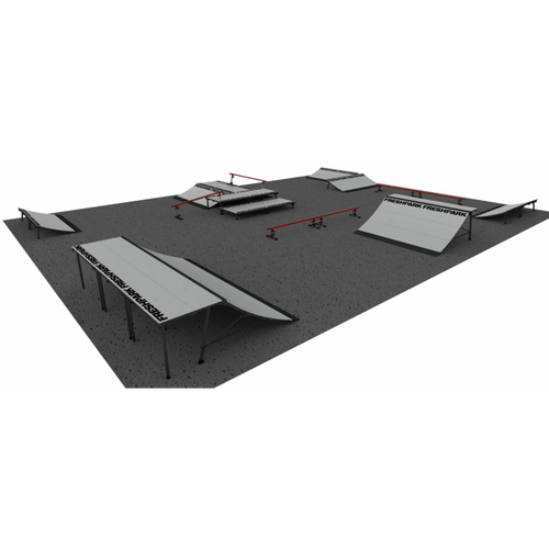 A 3D rendering of a skatepark layout featuring various skate park elements such as ramps, rails, and boxes.