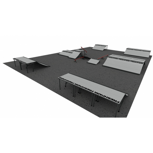 A 3D rendering of a skatepark layout featuring multiple quarterpipes, fun boxes, and grind rails.