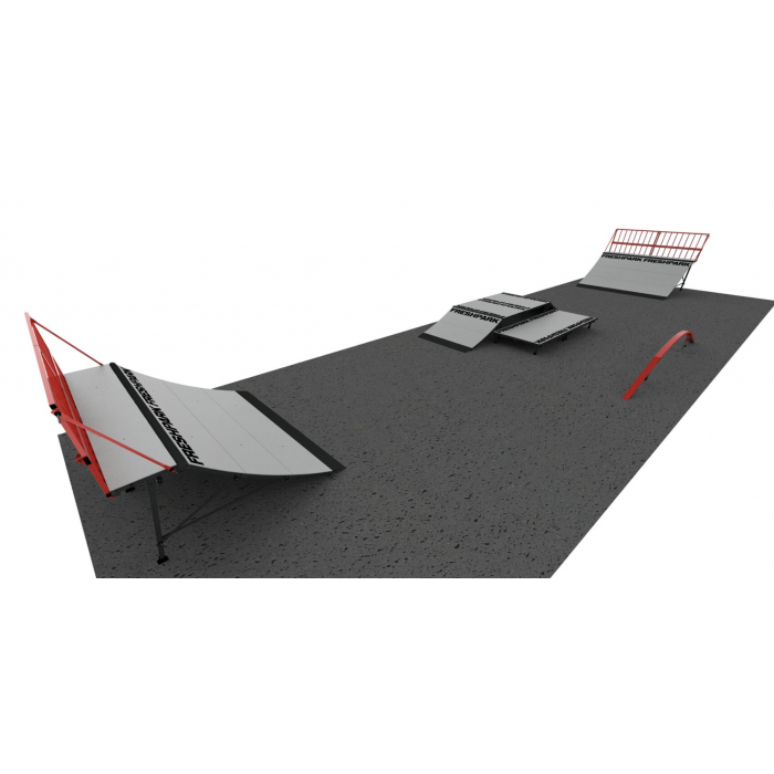 A skatepark layout featuring a quarterpipe, safety rails, launch ramp, fun box, and grind kit on a grey surface with red and white accents.