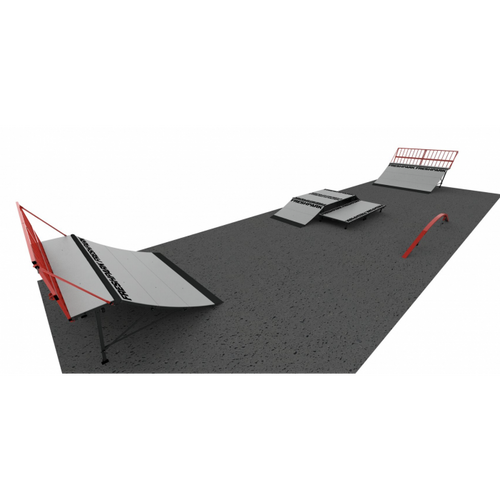 A skatepark layout featuring a quarterpipe, safety rails, launch ramp, fun box, and grind kit on a grey surface with red and white accents.