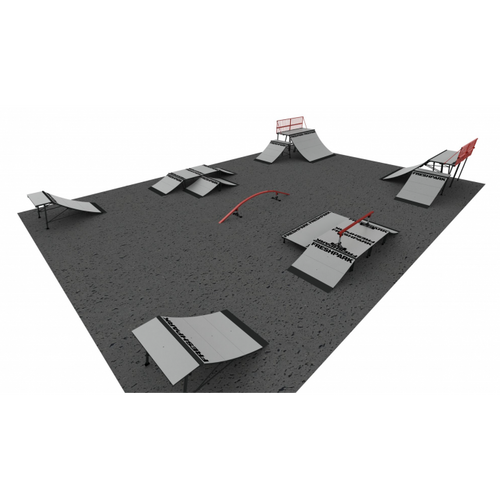 A 3D rendering of a skatepark layout featuring various skate park elements like ramps, rails, and boxes.