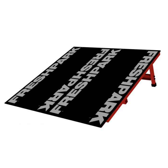 Two black and red wedge kicker ramps with the text 'FRESHPARK' on it, designed for skateboarding.
