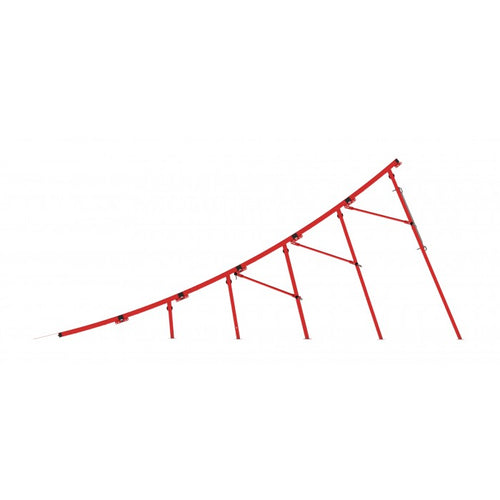 A red metal ramp designed for motorized sports, featuring a slanted structure with multiple supporting legs.