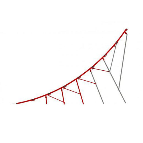 A red and silver metal ramp designed for motorized sports, featuring a slope for jumps and stunts.