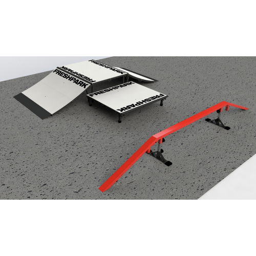 A 3D rendering of a mobile skate park with red and gray ramps and black rails, designed to be set up on a driveway.