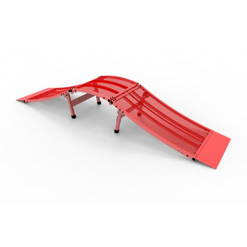 A red BMX single pump track made of steel with rubber feet, featuring two BMX jumps and a roller, designed for mountain biking.